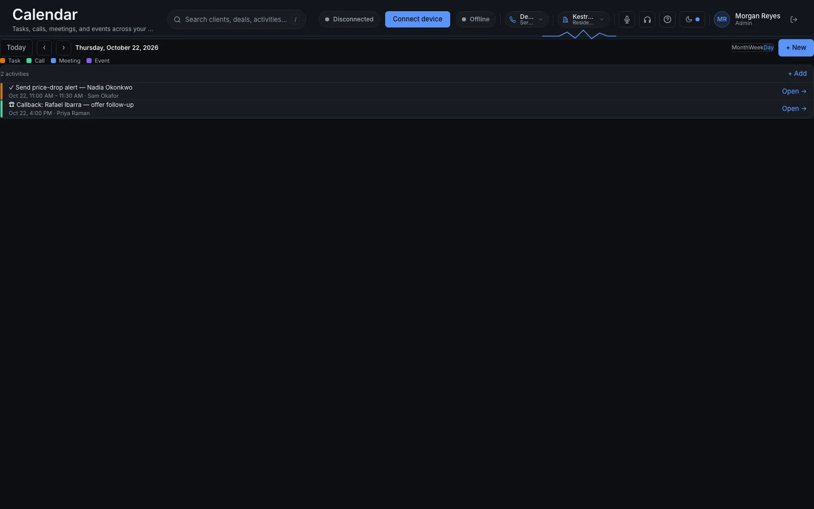Thursday on the team calendar. A price-drop alert for Nadia Okonkwo, and a callback with Rafael Ibarra. The names are fictional.