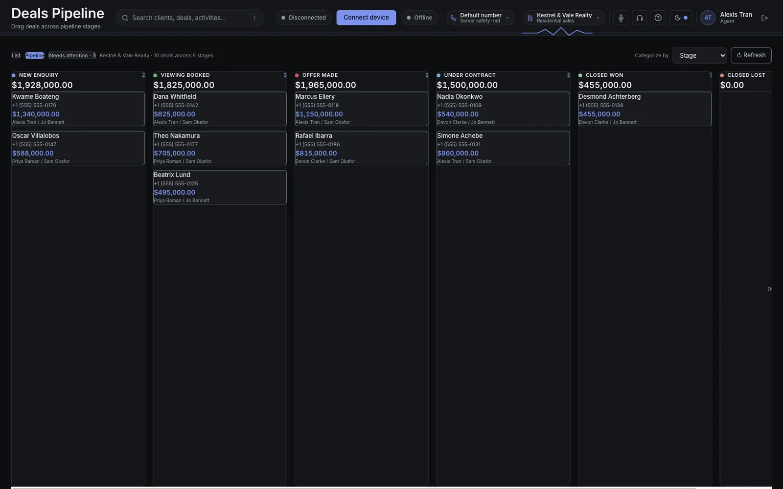 The deals board on the demo company. The names and amounts are fictional.